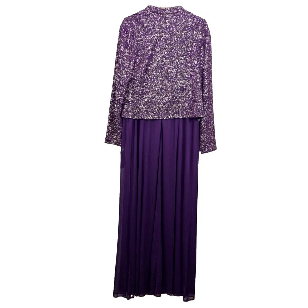 Alex Evenings Purple Gold Glitter 2 Piece Jacket Sleeveless Maxi Dress Set 14W